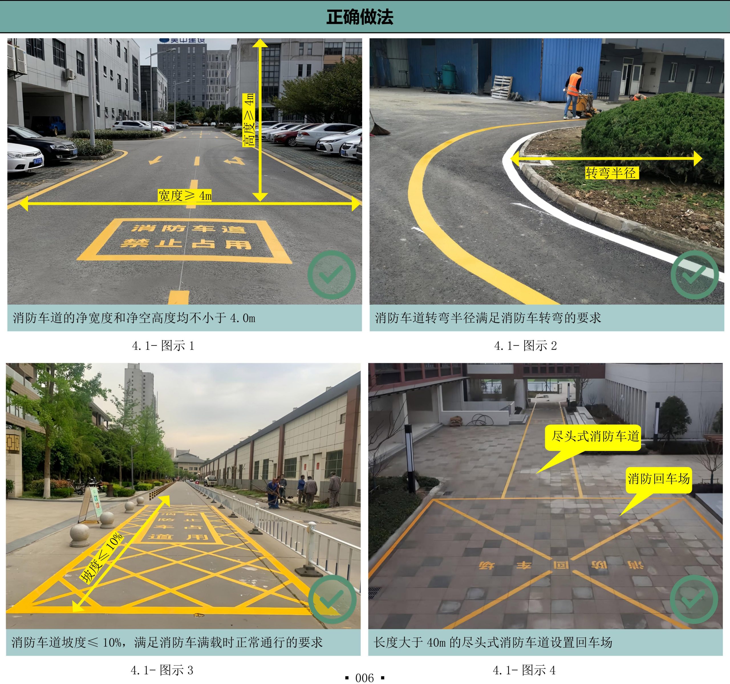 成都市住建局《消防查验和验收现场评定图集》（2024年7月）P11：消防车道净宽与净空均不小于4.0m、转弯半径满足转弯要求、坡度不大于10%、尽端式车道大于40m设回车场